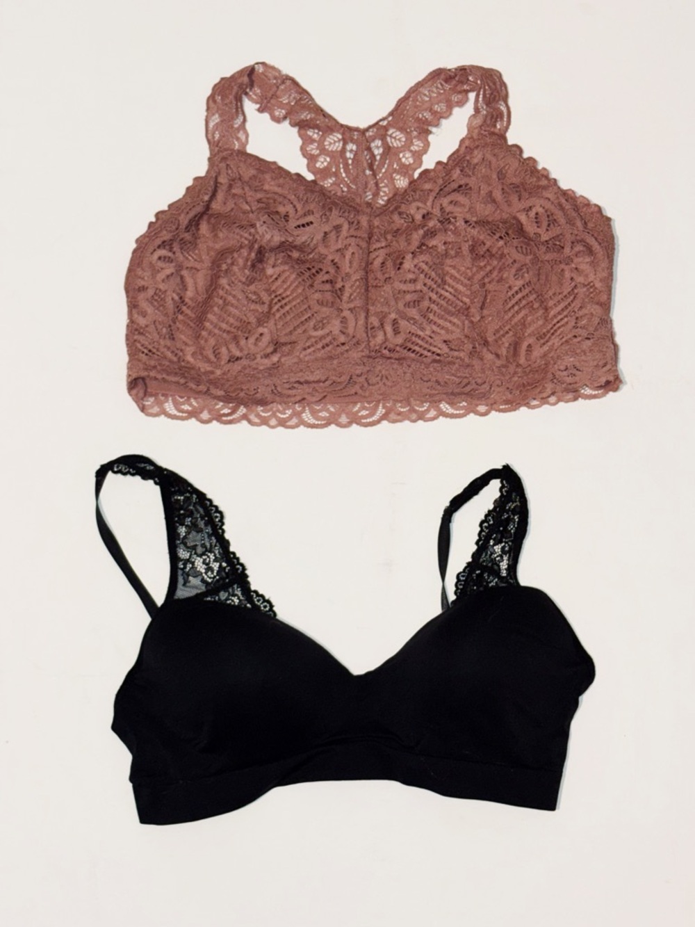 Set of 2 Wireless Lace Racerback Bralettes - Mauve & Black
